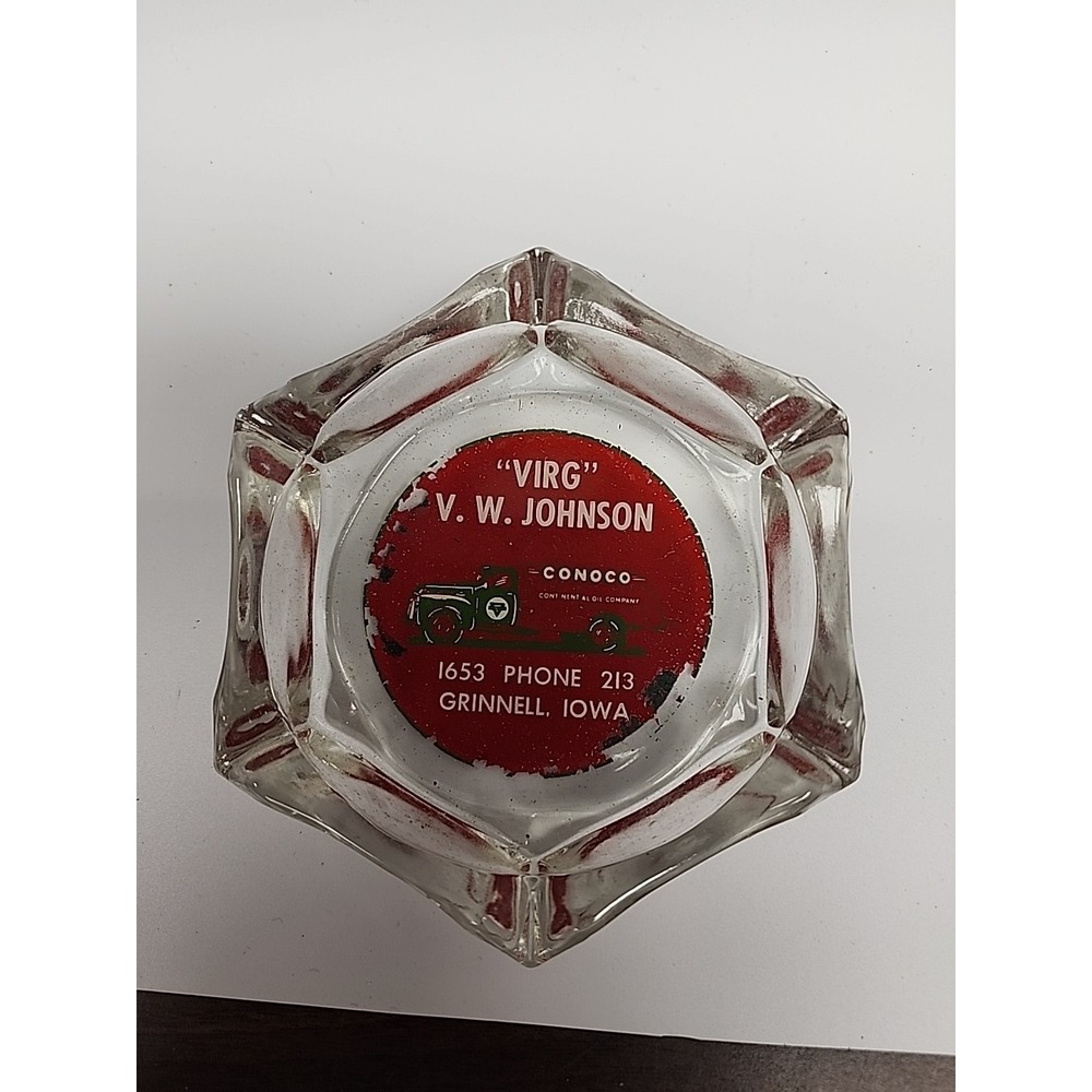 Vintage Conoco Virg  Conoco Iowa  Advertising Heavy Glass Ashtray Gas Grinnell